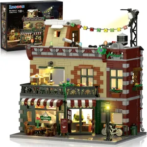 Coffee House Building Set with LED Light, 1589 PCS City Cafe Shop Building Block Toy with Stage Street Lights, Architecture Construction Model for Adults Teens Kids Ages 10 11 12  Boys Girls