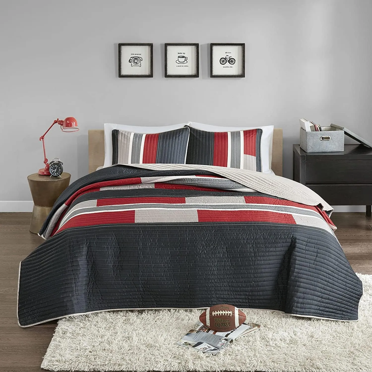 Comfort Spaces Quilt Set Trendy Casual Fun, Vibrant Color Design, Hypoallergenic All Season, Lightweight Coverlet Bedspread Cozy Kids Bedding & Sham Twin/Twin XL Pierre Black/Red Stripe 2 Piece
