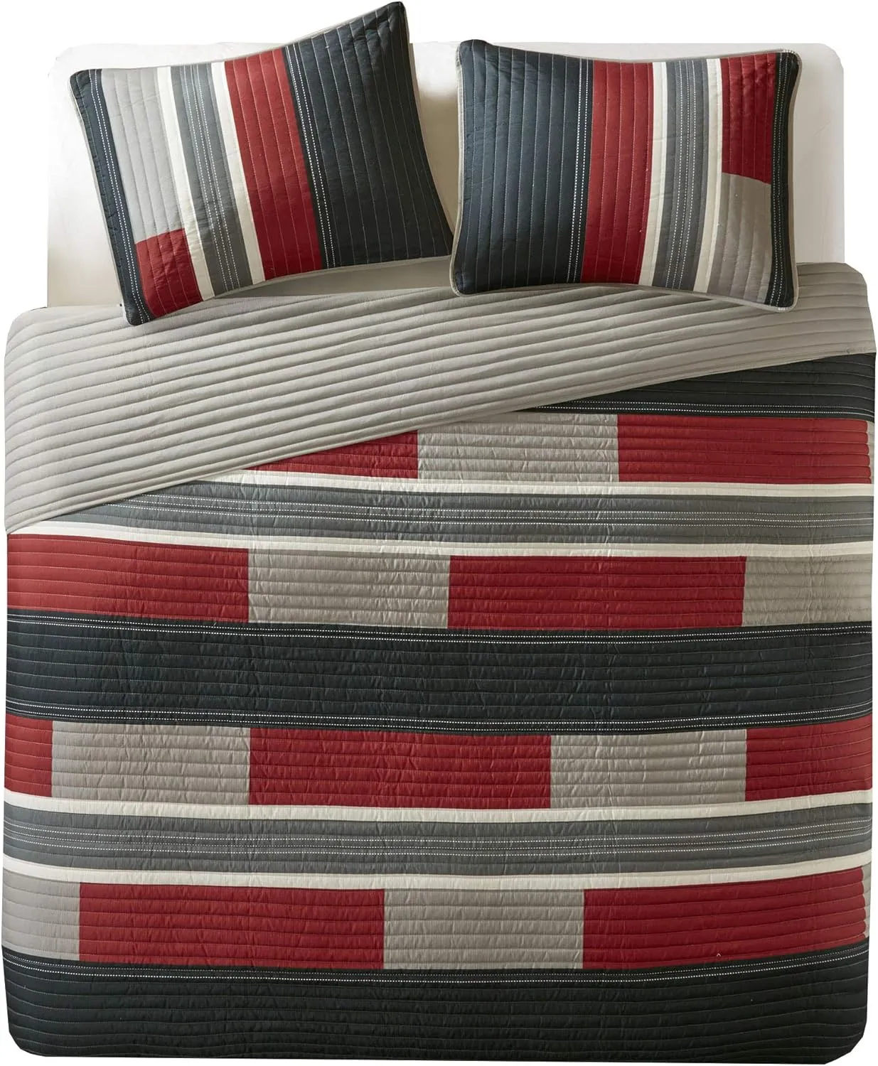 Comfort Spaces Quilt Set Trendy Casual Fun, Vibrant Color Design, Hypoallergenic All Season, Lightweight Coverlet Bedspread Cozy Kids Bedding & Sham Twin/Twin XL Pierre Black/Red Stripe 2 Piece