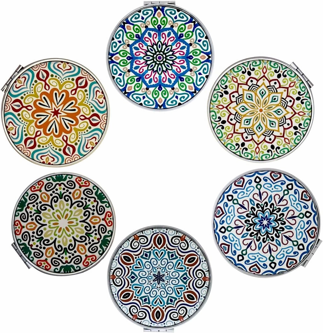 Compact Mirror Bulk Handheld - Pocket Purse Travel Makeup Mirrors Round Folding Portable Dual Sided 2X Magnification- Mandala Designs Gift for Girls Women - Pack of 6