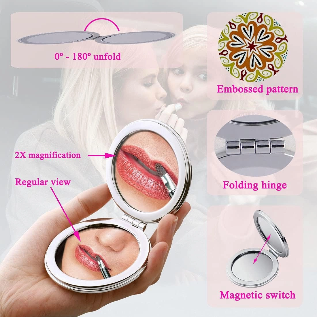 Compact Mirror Bulk Handheld - Pocket Purse Travel Makeup Mirrors Round Folding Portable Dual Sided 2X Magnification- Mandala Designs Gift for Girls Women - Pack of 6