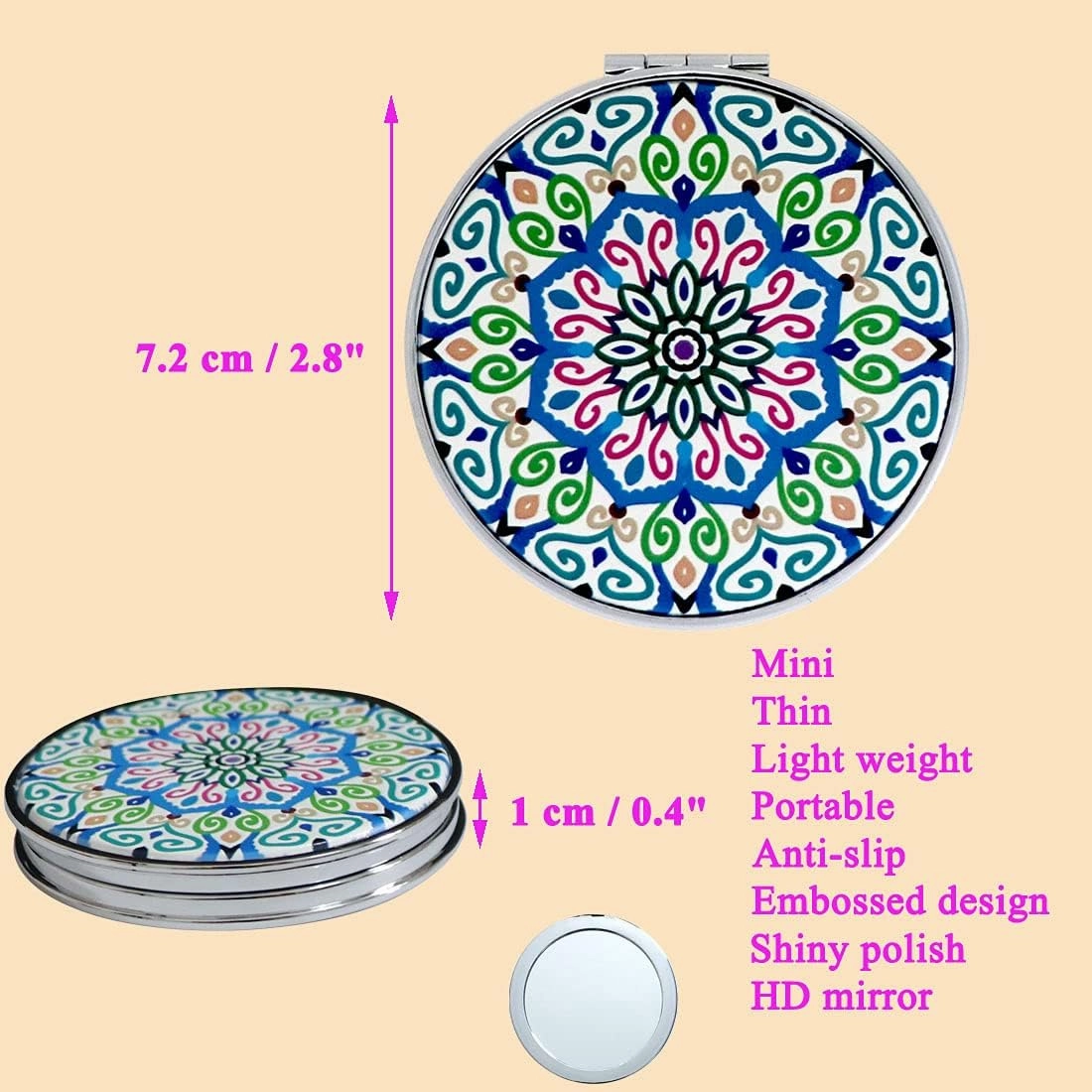 Compact Mirror Bulk Handheld - Pocket Purse Travel Makeup Mirrors Round Folding Portable Dual Sided 2X Magnification- Mandala Designs Gift for Girls Women - Pack of 6