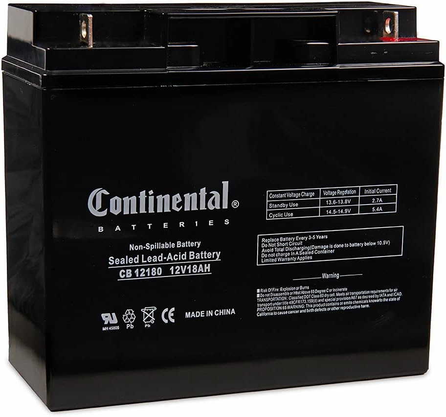 Continental Battery CB 12180 NB 12V 18AH Rechargeable Sealed SLA AGM Battery, NB Terminal Solar Power, Generators, Fences, General Purpose