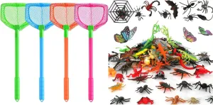 Coopay 4 Pieces Fishing Net Catching Bug Nets Fish Butterflies Nets for Outdoor Playing, 165 Pieces Plastic Insect Assorted Fake Insect