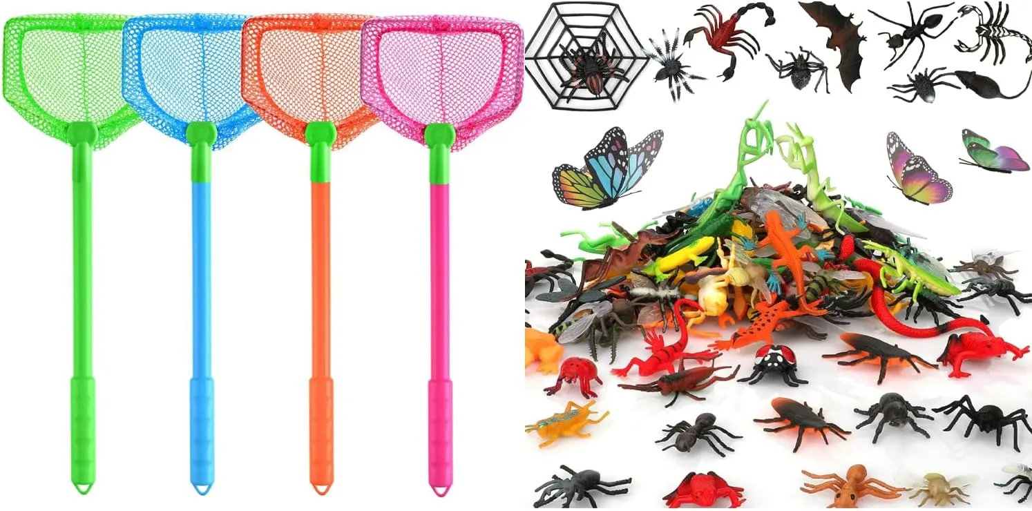 Coopay 4 Pieces Fishing Net Catching Bug Nets Fish Butterflies Nets for Outdoor Playing, 165 Pieces Plastic Insect Assorted Fake Insect