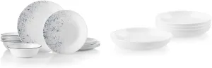 Corelle Vitrelle 18-Piece Service for 6 Dinnerware Set, Indigo Speckle & 4-Pc Versa Bowls for Pasta, Salad and More, Service for 4, Durable and Eco-Friendly 30-Oz, Compact Stack Bowl Set, White