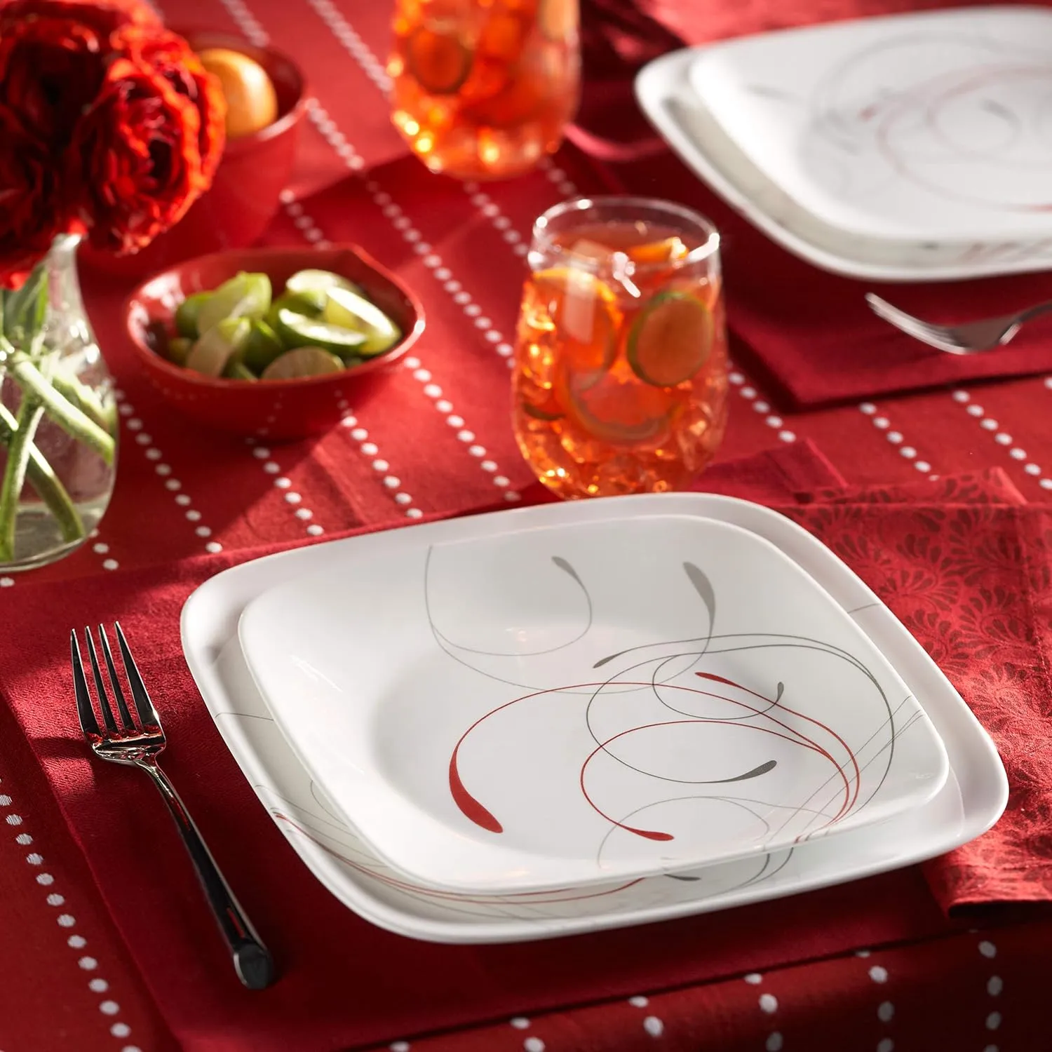 Corelle Vitrelle 18-Piece Service for 6 Dinnerware Set Triple Layer Glass and Chip Resistant, Lightweight Square Plates and Bowls Set, Splendor