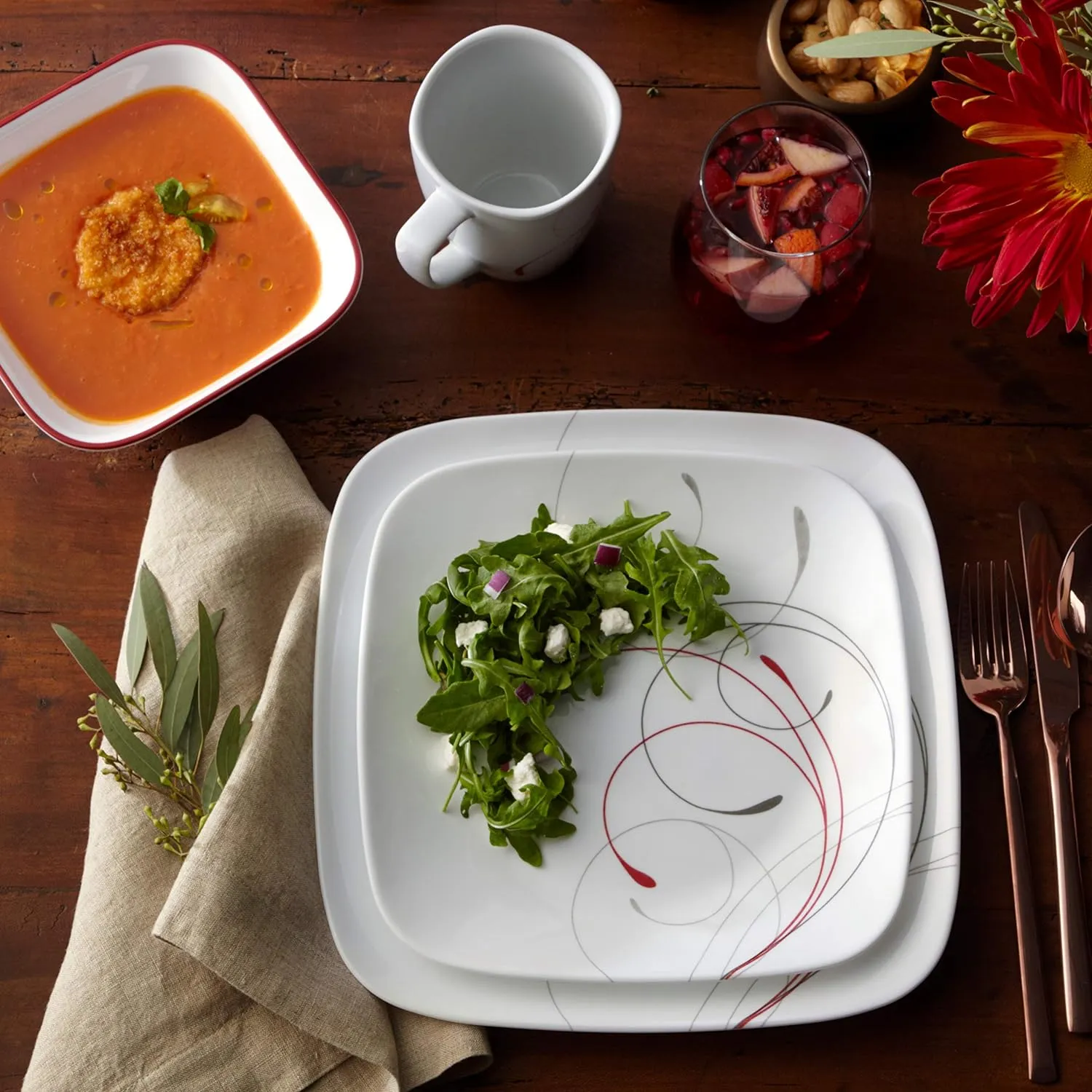 Corelle Vitrelle 18-Piece Service for 6 Dinnerware Set Triple Layer Glass and Chip Resistant, Lightweight Square Plates and Bowls Set, Splendor