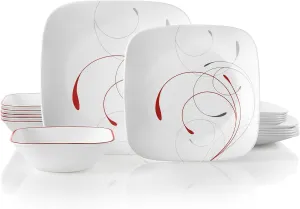 Corelle Vitrelle 18-Piece Service for 6 Dinnerware Set Triple Layer Glass and Chip Resistant, Lightweight Square Plates and Bowls Set, Splendor