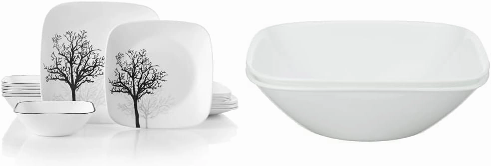 Corelle Vitrelle 18-Piece Service for 6 Dinnerware Set, Timber Shadows & Vitrelle 1-Qt Serving Bowl 2-Pack, Large Serving Bowl, Triple Layer Glass, White