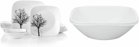 Corelle Vitrelle 18-Piece Service for 6 Dinnerware Set, Timber Shadows & Vitrelle 1-Qt Serving Bowl 2-Pack, Large Serving Bowl, Triple Layer Glass, White