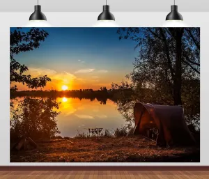 CORFOTO 15x10ft Fabric Fishing Backdrop Fishing Adventures Outdoor Tent Backdrop Lakeside Fishing Photo Backdrop Sunset Lake Scenery Photography Backdrop Fishing Camping Theme Party Decor