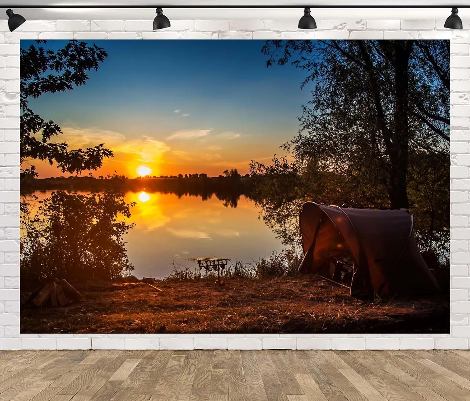CORFOTO 15x10ft Fabric Fishing Backdrop Fishing Adventures Outdoor Tent Backdrop Lakeside Fishing Photo Backdrop Sunset Lake Scenery Photography Backdrop Fishing Camping Theme Party Decor