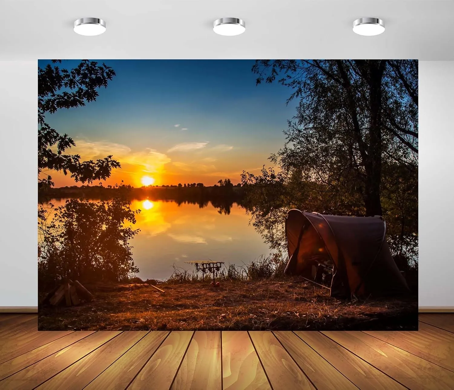 CORFOTO 15x10ft Fabric Fishing Backdrop Fishing Adventures Outdoor Tent Backdrop Lakeside Fishing Photo Backdrop Sunset Lake Scenery Photography Backdrop Fishing Camping Theme Party Decor