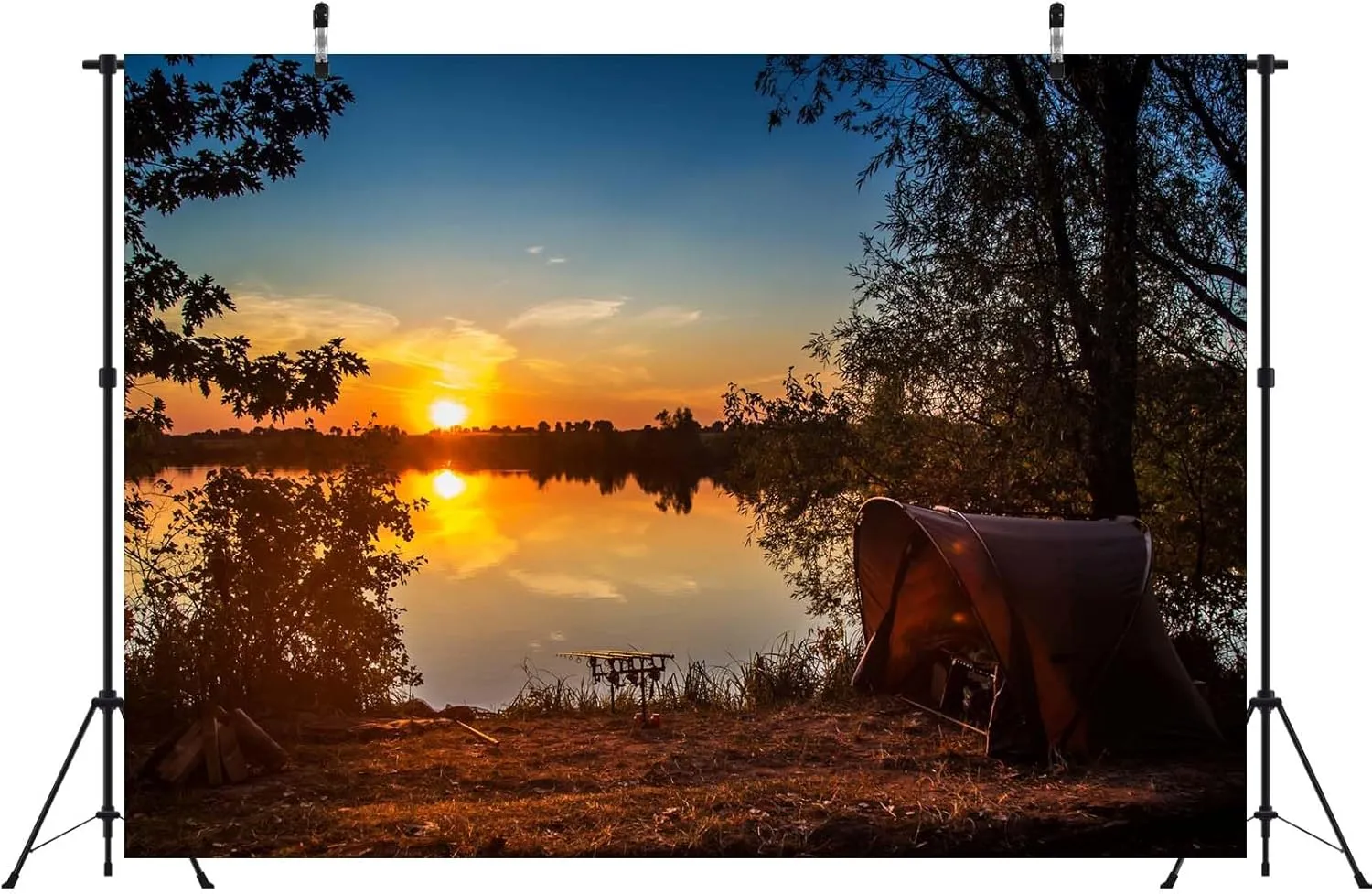 CORFOTO 15x10ft Fabric Fishing Backdrop Fishing Adventures Outdoor Tent Backdrop Lakeside Fishing Photo Backdrop Sunset Lake Scenery Photography Backdrop Fishing Camping Theme Party Decor