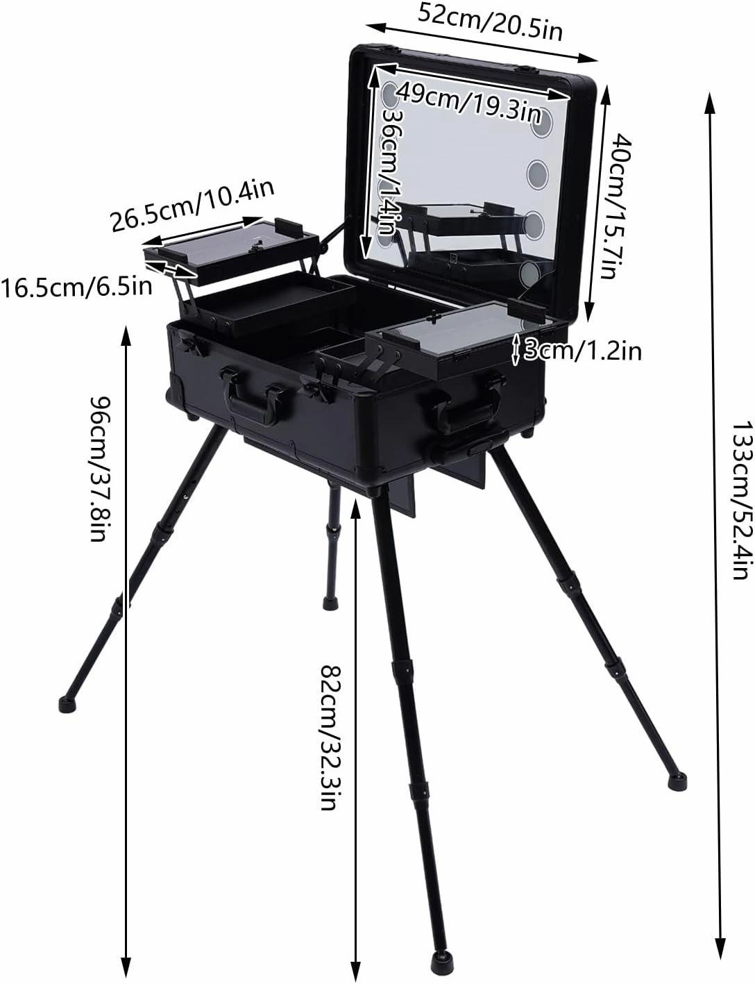 Cosmetic Train Case,3 Tiers Rolling Makeup Travel Case,Portable Height Adjustable Cosmetic Trolley with LED Light,12V Cosmetic Case with Universal Wheels,Black (Black)