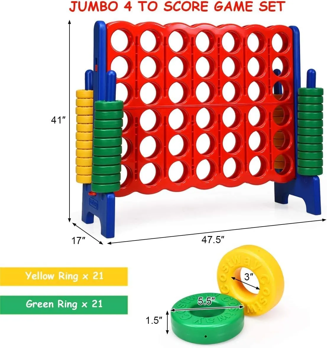 COSTWAY Jumbo 4-to-Score Giant Game Set, 4 in A Row for Kids and Adults, 3.5FT Tall Indoor & Outdoor Game Set with 42 Jumbo Rings & Quick-Release Slider, Perfect for Holiday Party & Family Game