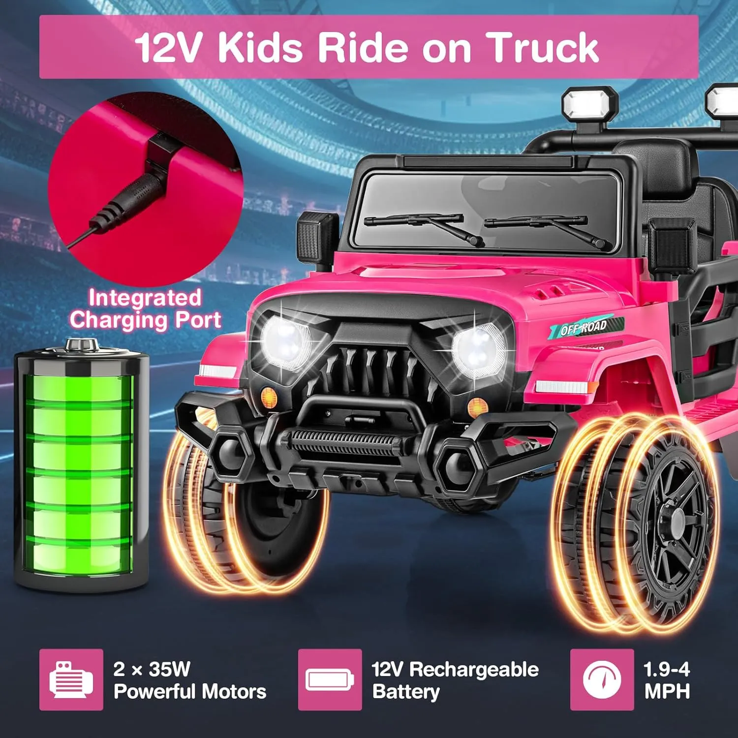 Costzon 12V Kids Ride on Truck Car, Electric Vehicle w/Remote Control, Threaded Wheels, 3 Speeds, LED Lights, Music, Horn & Wireless Connection, Battery Powered Ride on Toy for Boys & Girls 3  (Pink)