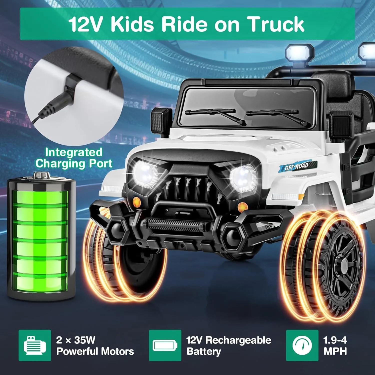 Costzon 12V Kids Ride on Truck Car, Electric Vehicle w/Remote Control, Threaded Wheels, 3 Speeds, LED Lights, Music, Horn & Wireless Connection, Battery Powered Ride on Toy for Boys & Girls 3  (White)