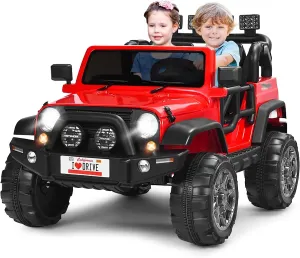 Costzon 2-Seater Ride on Truck, 12V Battery Powered Electric Vehicle Toy w/Remote Control, 3 Speed, LED Lights, MP3, Horn, Music, 2 Doors Open, Spring Suspension, Ride on Car for Kids (Red)