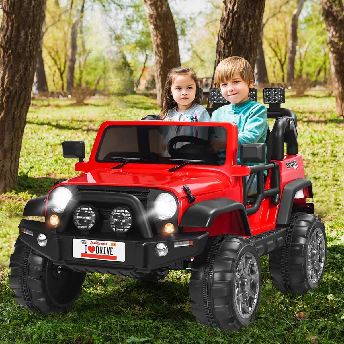Costzon 2-Seater Ride on Truck, 12V Battery Powered Electric Vehicle Toy w/Remote Control, 3 Speed, LED Lights, MP3, Horn, Music, 2 Doors Open, Spring Suspension, Ride on Car for Kids (Red)