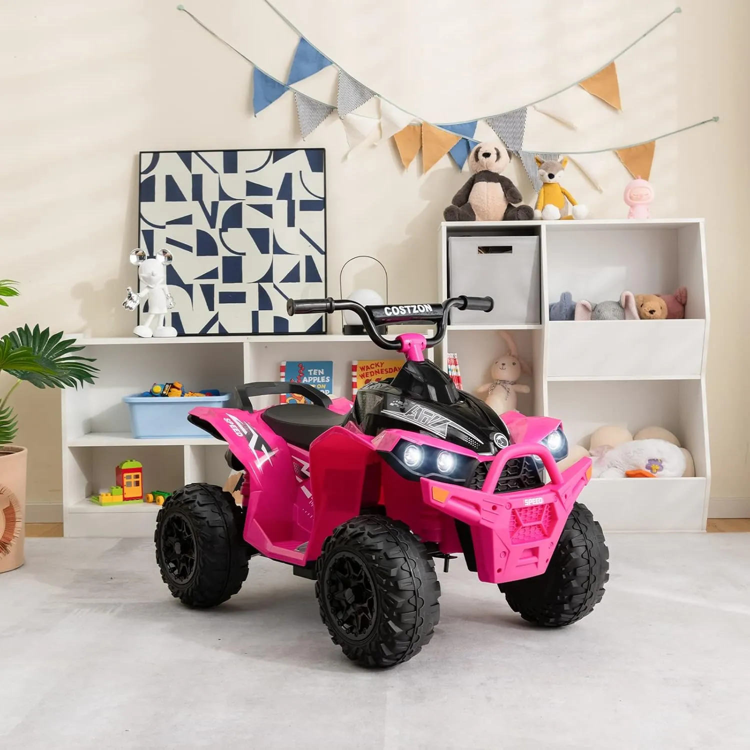 Costzon Kids ATV, 12V Battery Powered Ride on Car Toddler Quad W/Adjustable Speed, Treaded Tires, Headlights, Horn, Music, Forward & Backward, Kids 4 Wheeler Electric ATV for Kids Girls (Pink)