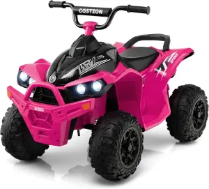 Costzon Kids ATV, 12V Battery Powered Ride on Car Toddler Quad W/Adjustable Speed, Treaded Tires, Headlights, Horn, Music, Forward & Backward, Kids 4 Wheeler Electric ATV for Kids Girls (Pink)
