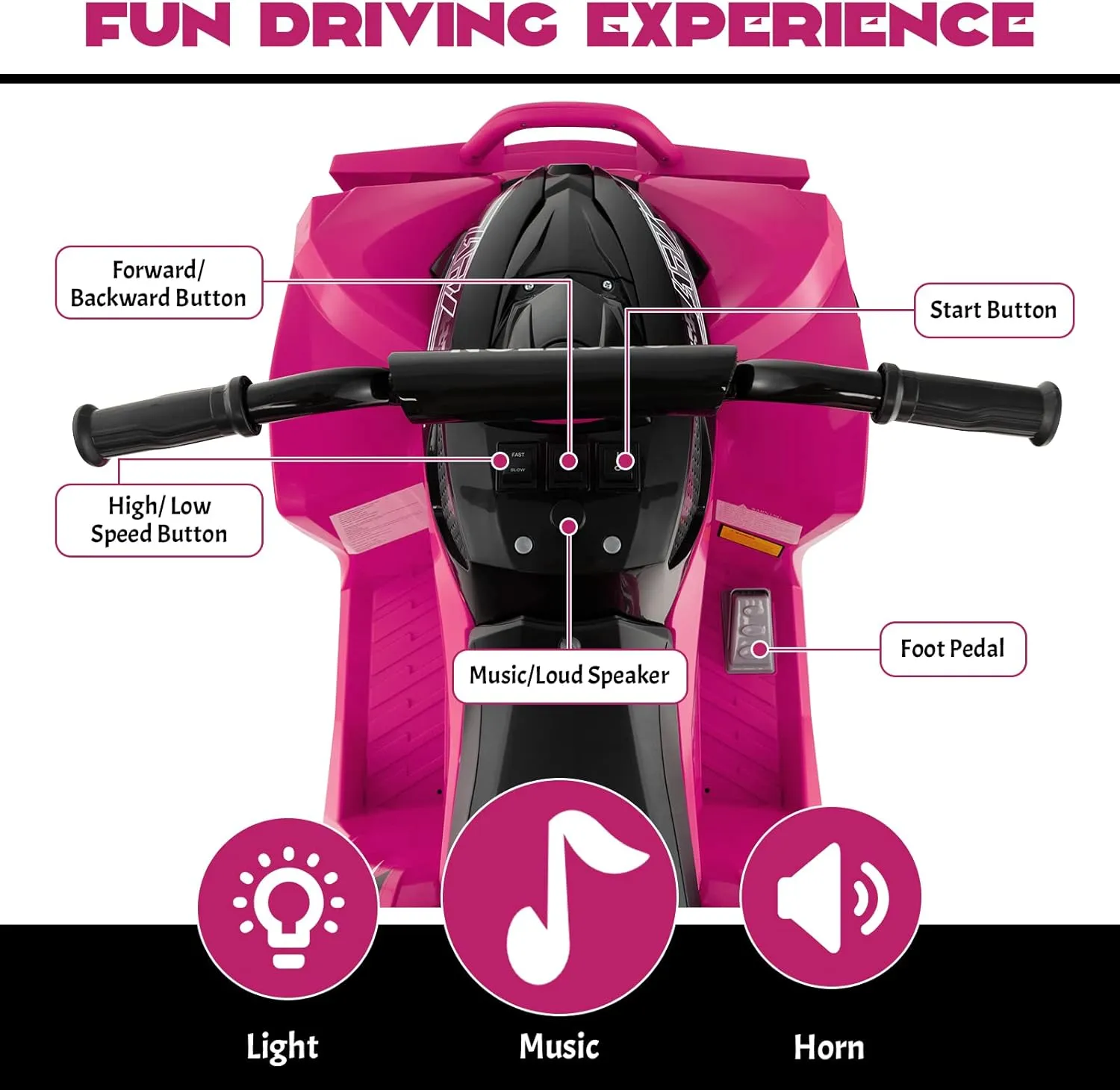 Costzon Kids ATV, 12V Battery Powered Ride on Car Toddler Quad W/Adjustable Speed, Treaded Tires, Headlights, Horn, Music, Forward & Backward, Kids 4 Wheeler Electric ATV for Kids Girls (Pink)