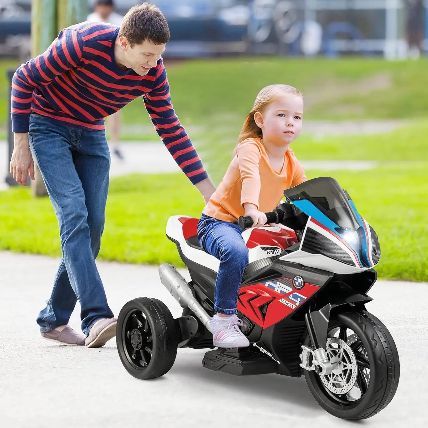 Costzon Kids Ride on Motorcycle, Licensed BMW 12V Battery Powered 3 Wheels Motorcycle Toy with Headlight, Horn, Music, MP3, USB Port, Electric Ride on Motorcycle for Boys and Girls Gift (Deep Red)