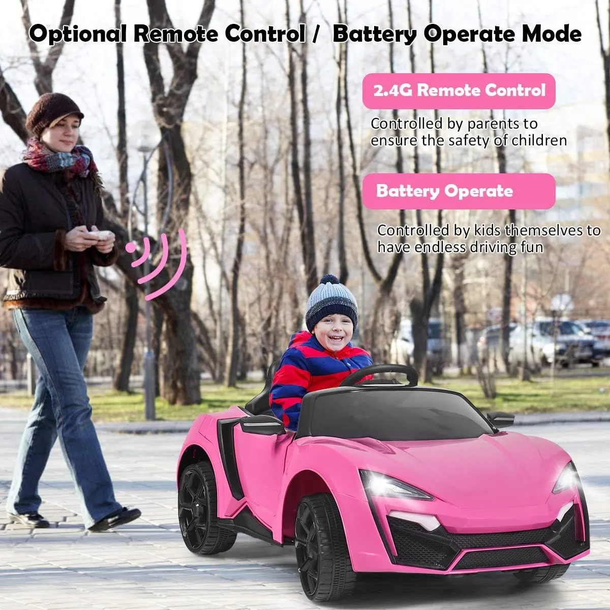 Costzon Ride on Car, 12V Battery Powered Electric Vehicle w/Manual & Remote Control Modes, LED Lights, Horn, Music, MP3, USB, TF, 3 Speeds, Spring Suspension, Ride on Toy for Boys & Girls (Pink)