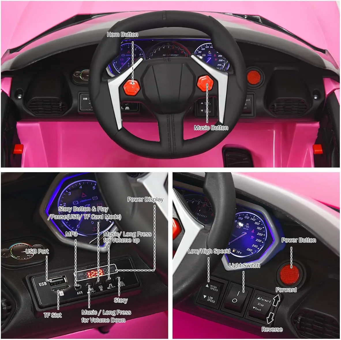 Costzon Ride on Car, 12V Battery Powered Electric Vehicle w/Manual & Remote Control Modes, LED Lights, Horn, Music, MP3, USB, TF, 3 Speeds, Spring Suspension, Ride on Toy for Boys & Girls (Pink)