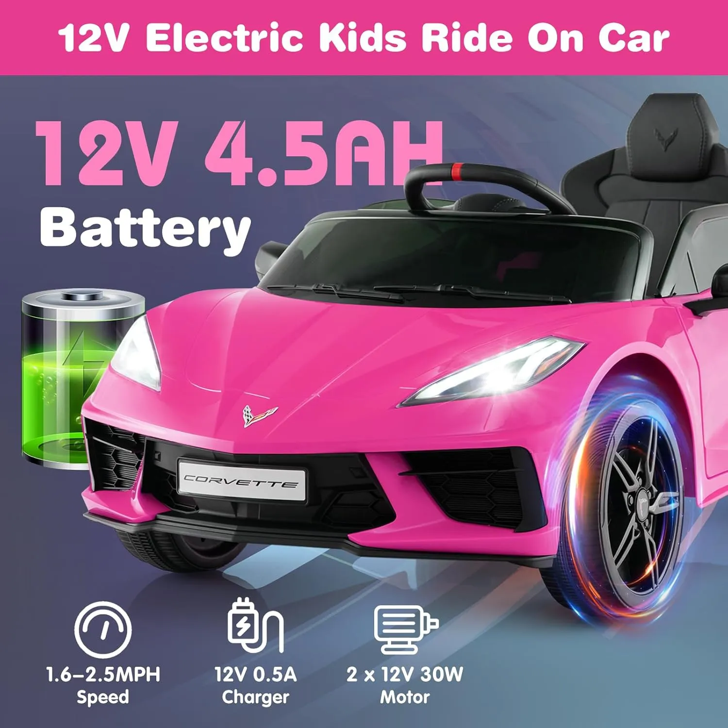 Costzon Ride On Car, Licensed Chevrolet Corvette C8 Kids' Electric Vehicles w/Remote Control, Wireless Connection, Lights, Horn, Music, 4-Wheel Spring Suspension, Kids Car for Boys Girls Aged 3 (Pink)