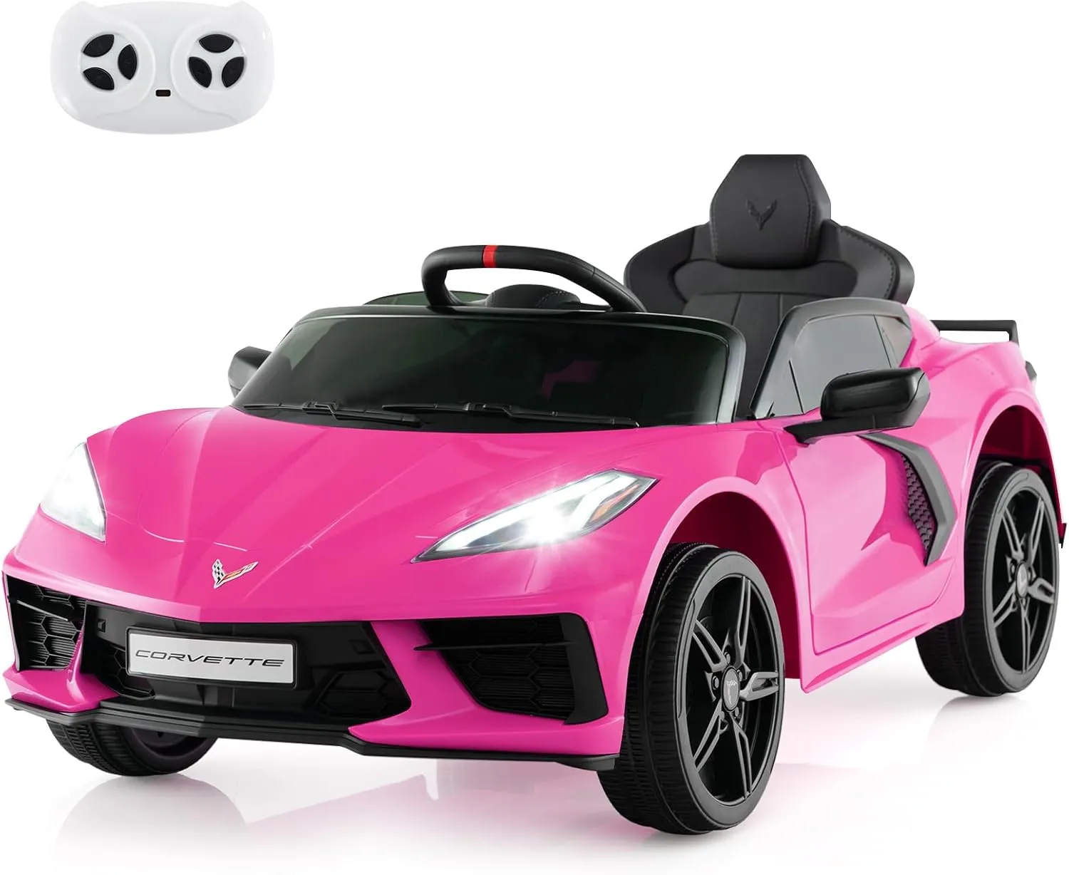 Costzon Ride On Car, Licensed Chevrolet Corvette C8 Kids' Electric Vehicles w/Remote Control, Wireless Connection, Lights, Horn, Music, 4-Wheel Spring Suspension, Kids Car for Boys Girls Aged 3 (Pink)