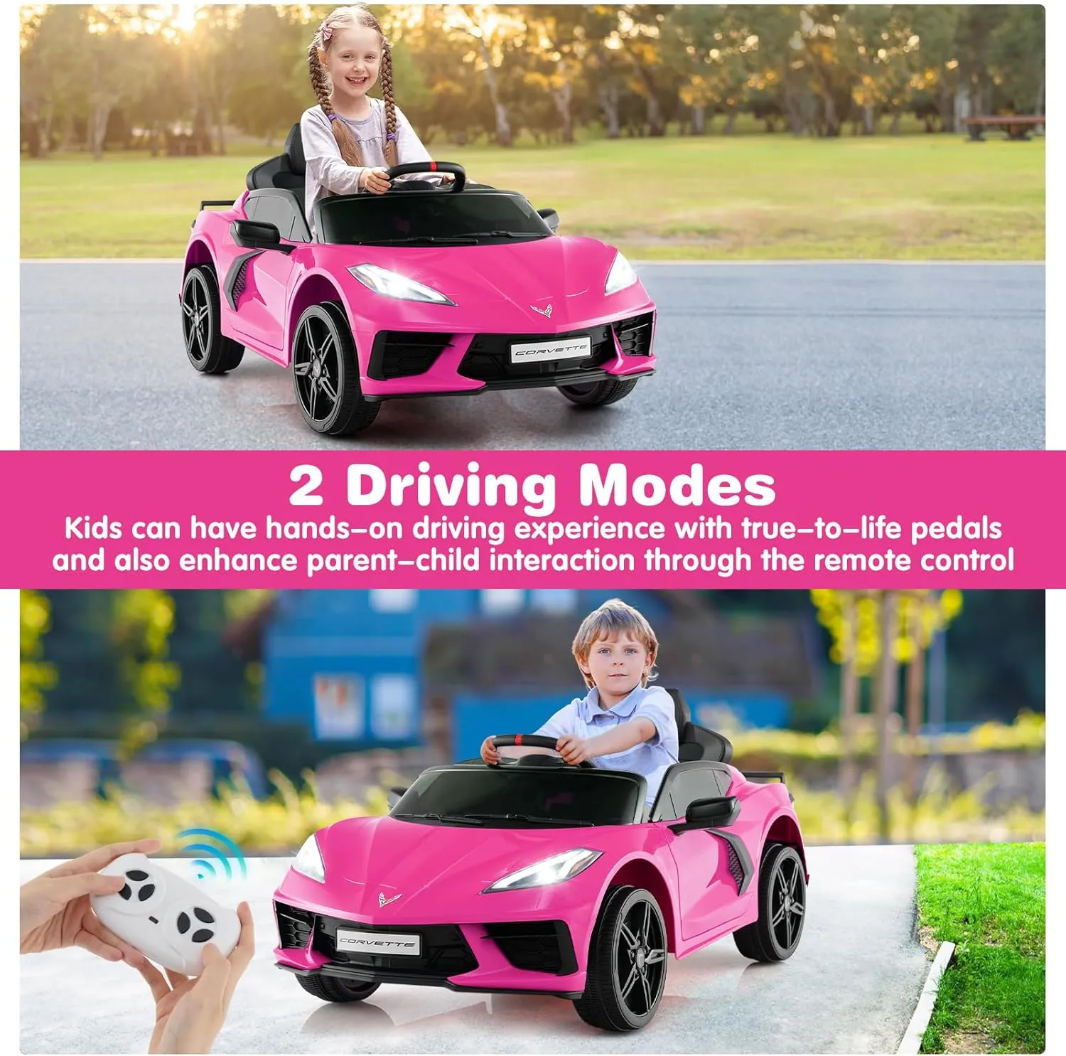 Costzon Ride On Car, Licensed Chevrolet Corvette C8 Kids' Electric Vehicles w/Remote Control, Wireless Connection, Lights, Horn, Music, 4-Wheel Spring Suspension, Kids Car for Boys Girls Aged 3 (Pink)