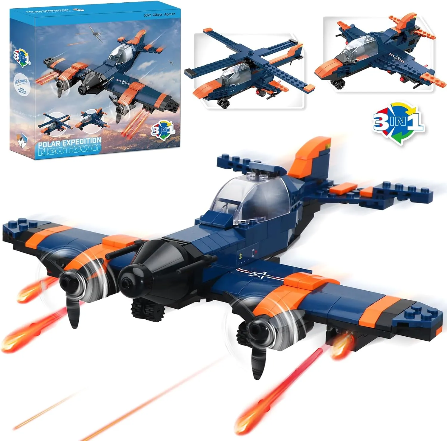Creator 3in1 Jet Plane to Helicopter orSpeed Bomber Fighter Educational Toy Building Kit，Top STEM Gift for Boys and Girls 6 Plus Years Old 248pcs