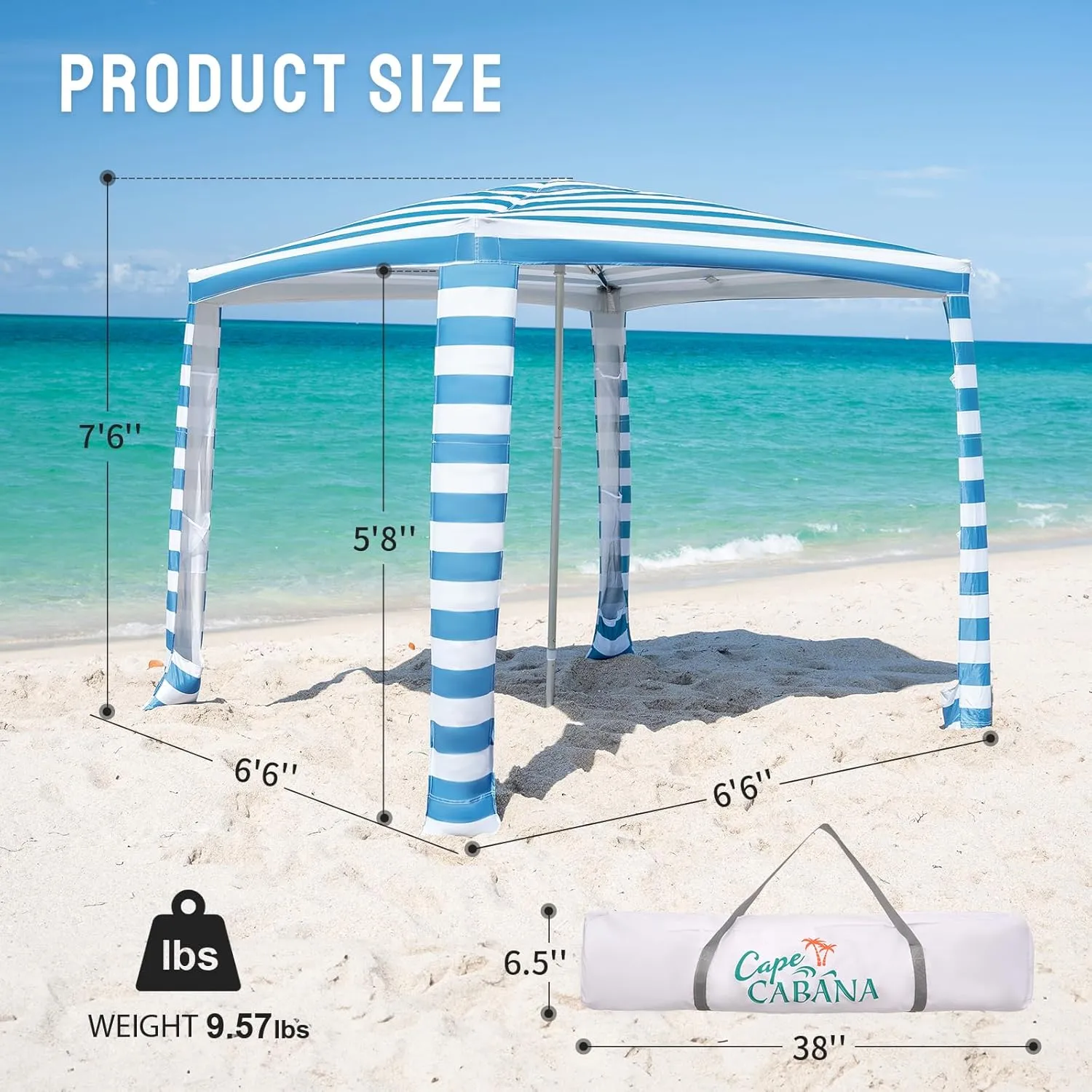 CROWN SHADES Beach Canopy Cabana 6.5 x 6.5, Umbrella Beach Tent Easy Pop Up - Beach Cabanas for Sand - UPF50  Protection with Sidewall and More Pockets, Sky Blue