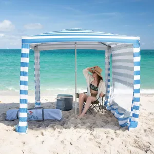 CROWN SHADES Beach Canopy Cabana 6.5 x 6.5, Umbrella Beach Tent Easy Pop Up - Beach Cabanas for Sand - UPF50  Protection with Sidewall and More Pockets, Sky Blue