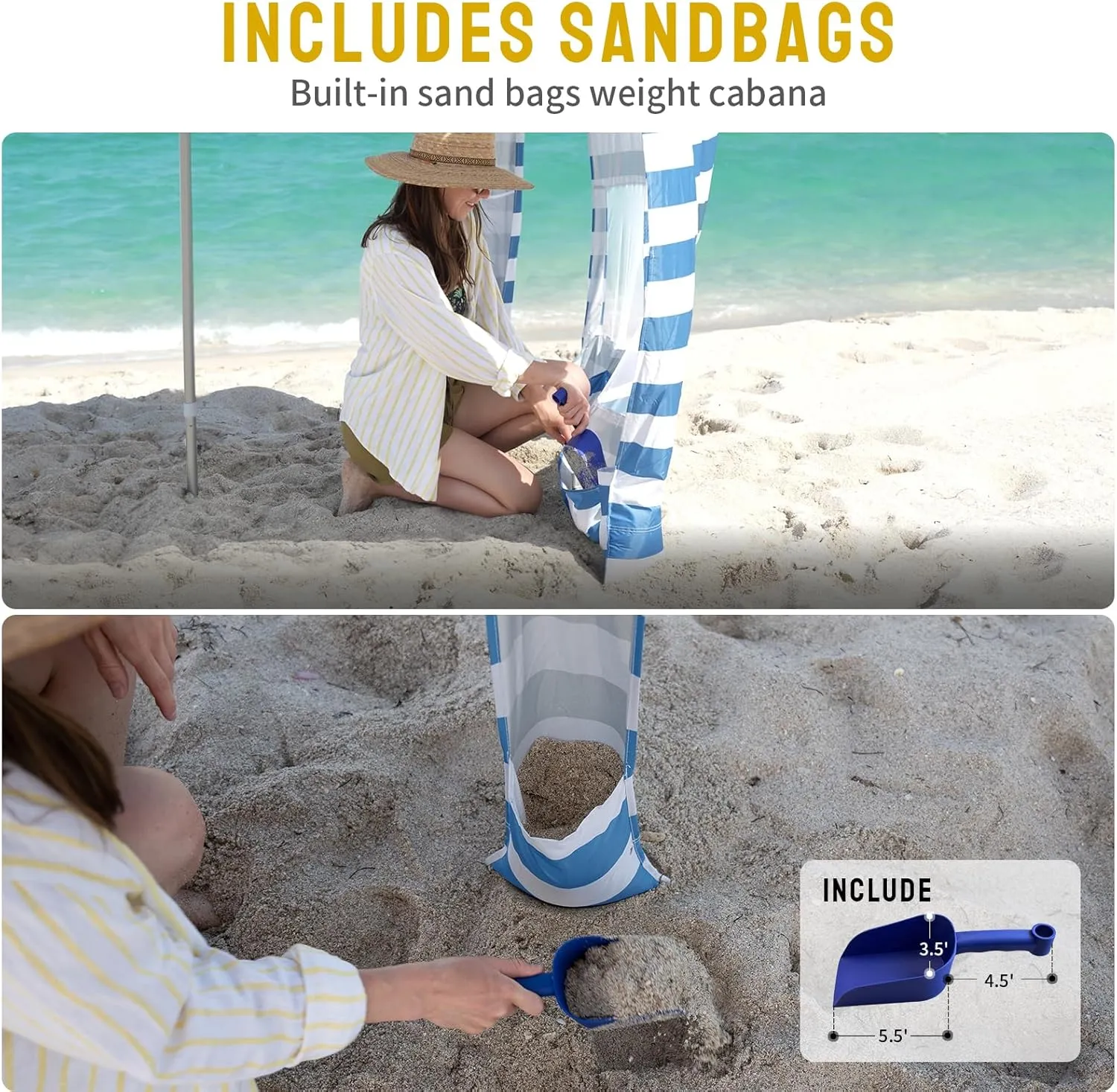 CROWN SHADES Beach Canopy Cabana 6.5 x 6.5, Umbrella Beach Tent Easy Pop Up - Beach Cabanas for Sand - UPF50  Protection with Sidewall and More Pockets, Sky Blue
