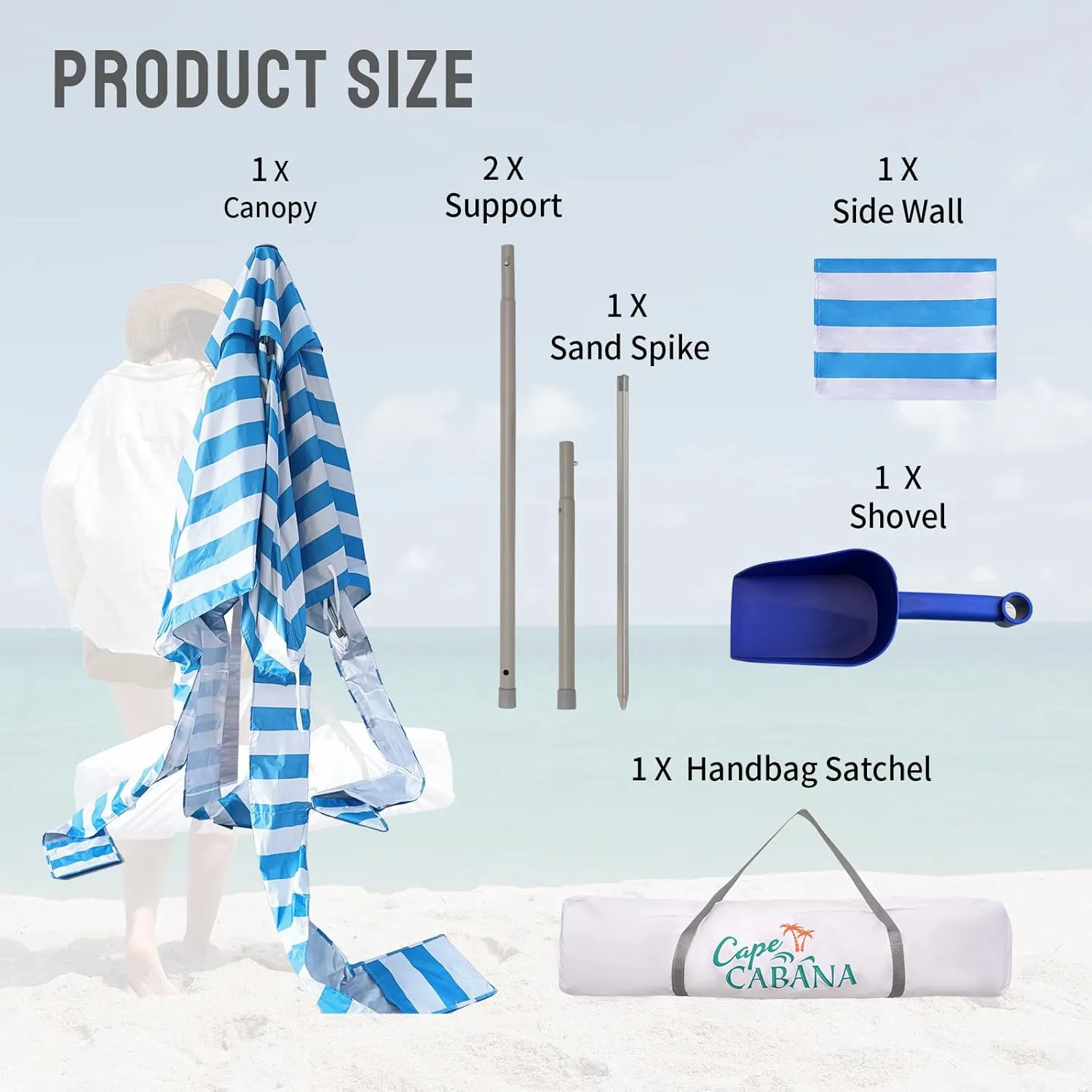 CROWN SHADES Beach Canopy Cabana 6.5 x 6.5, Umbrella Beach Tent Easy Pop Up - Beach Cabanas for Sand - UPF50  Protection with Sidewall and More Pockets, Sky Blue