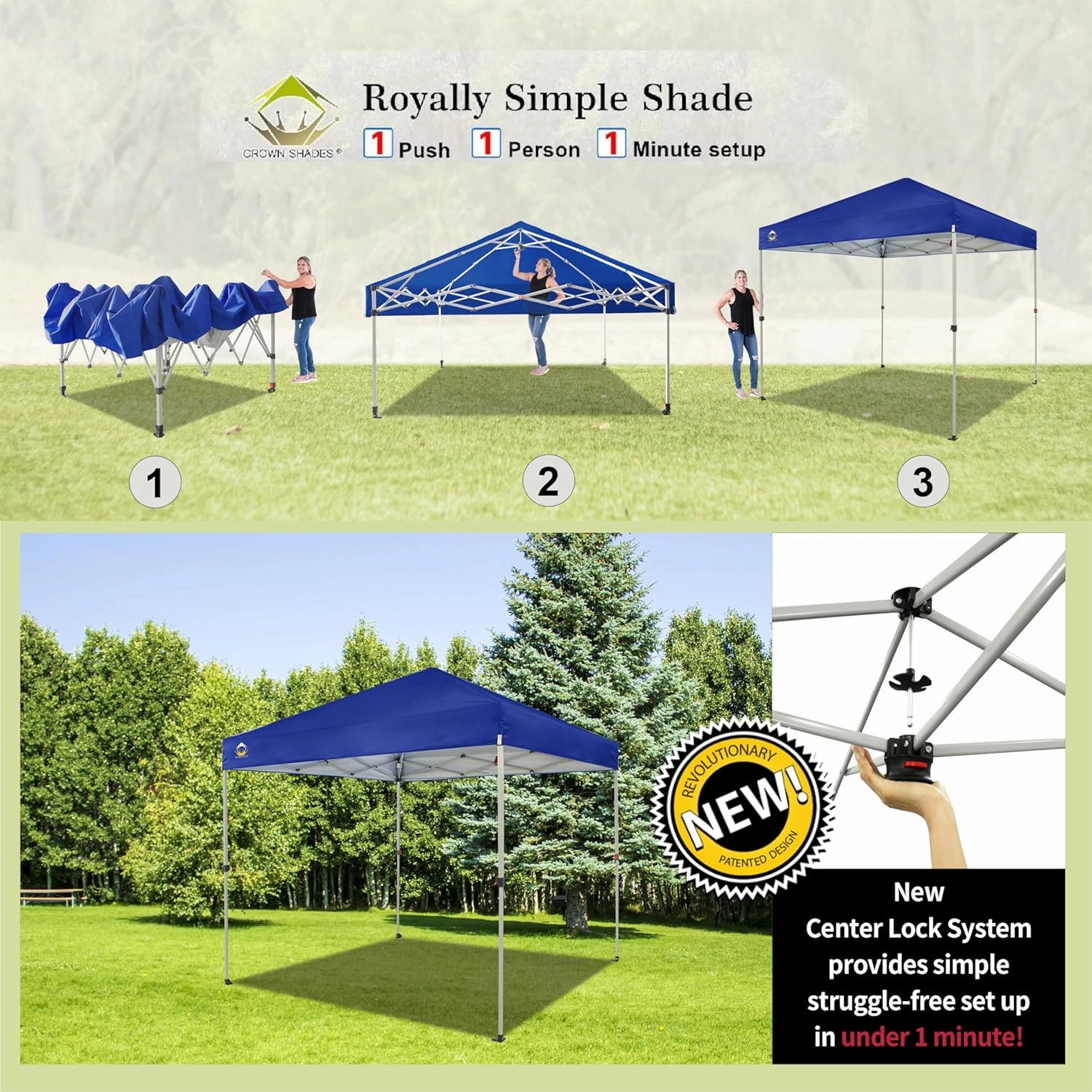 CROWN SHADES 8x8 Pop Up Canopy, Patented Center Lock One Push Instant Popup Outdoor Canopy Tent, Newly Designed Storage Bag, 8 Stakes, 4 Ropes, Silver-Coated Navy Blue