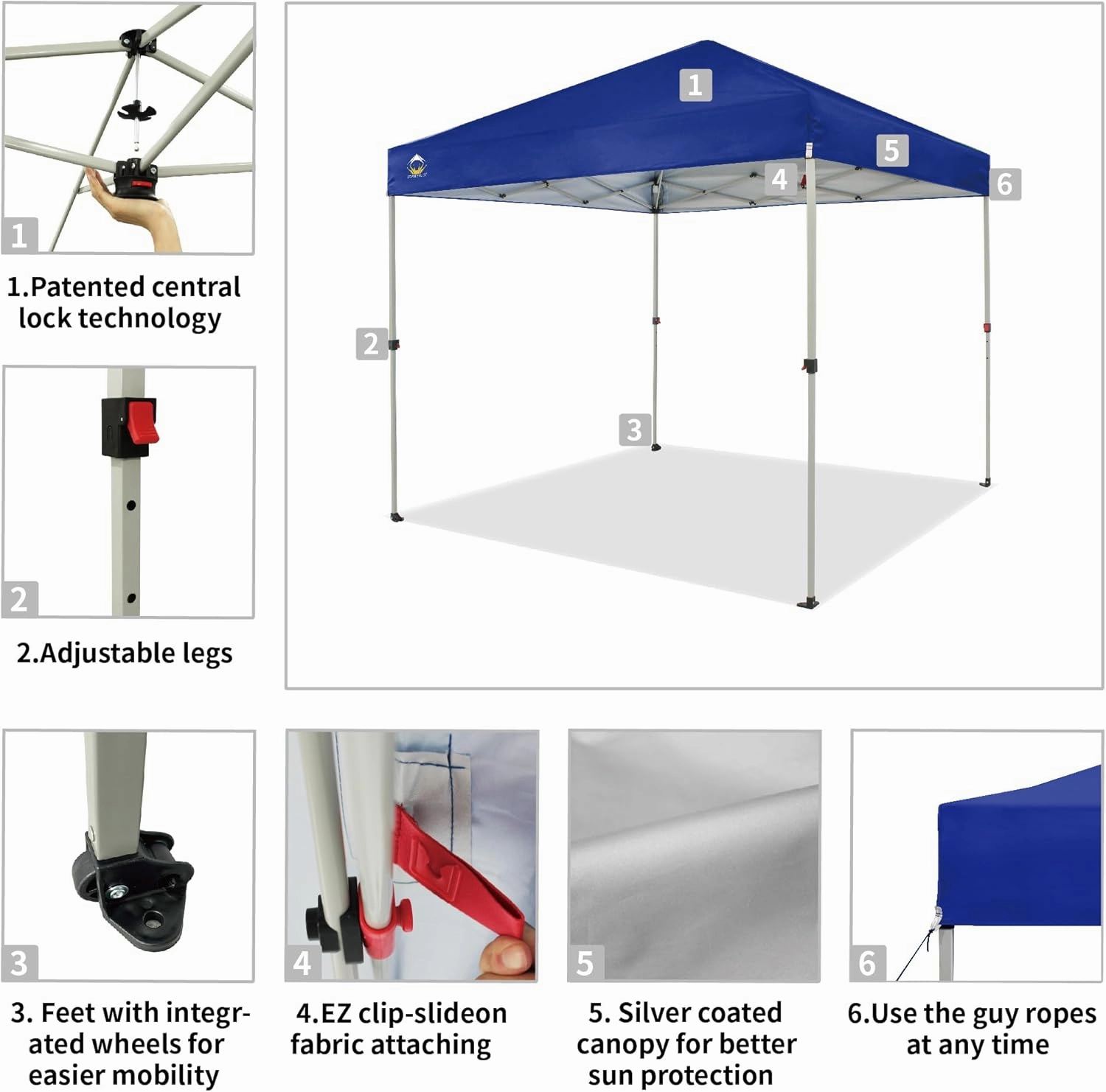 CROWN SHADES 8x8 Pop Up Canopy, Patented Center Lock One Push Instant Popup Outdoor Canopy Tent, Newly Designed Storage Bag, 8 Stakes, 4 Ropes, Silver-Coated Navy Blue
