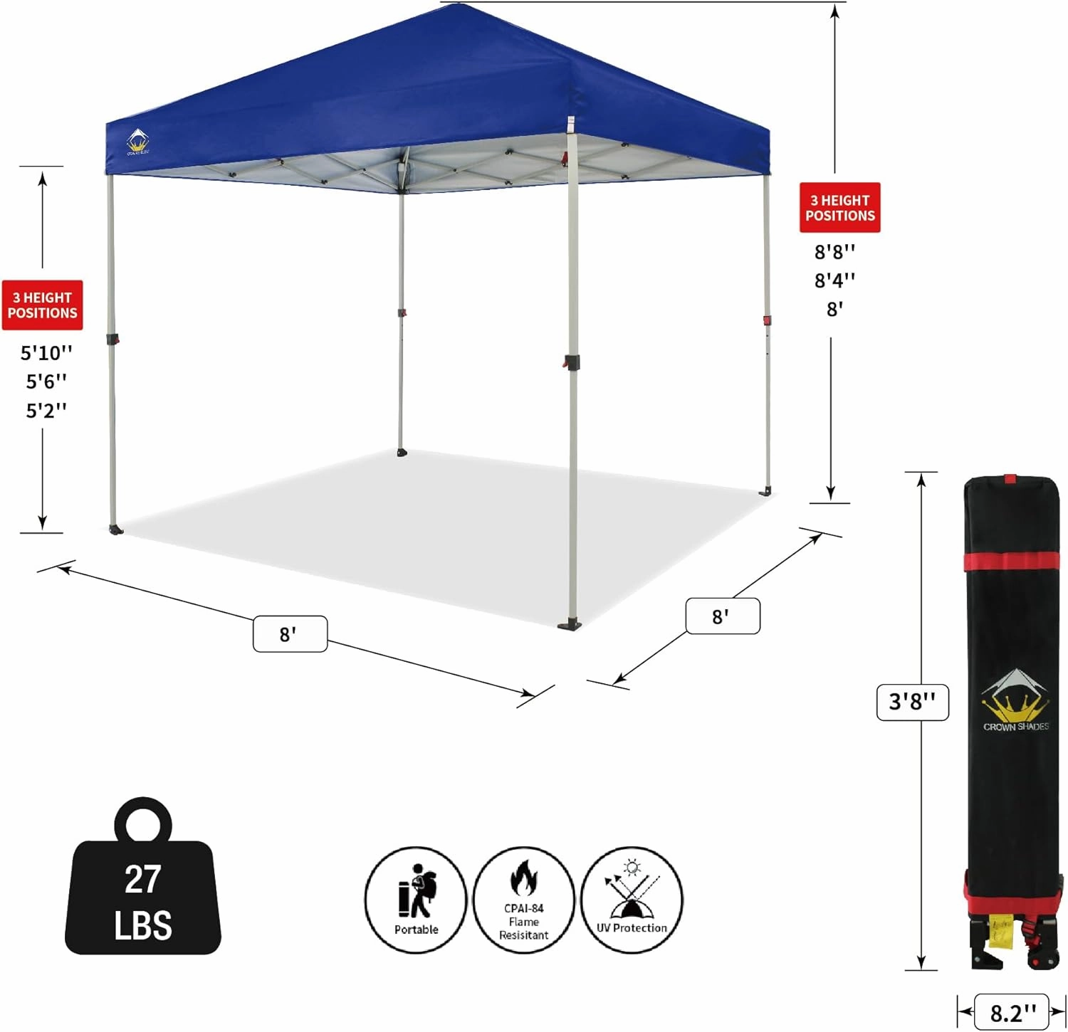 CROWN SHADES 8x8 Pop Up Canopy, Patented Center Lock One Push Instant Popup Outdoor Canopy Tent, Newly Designed Storage Bag, 8 Stakes, 4 Ropes, Silver-Coated Navy Blue