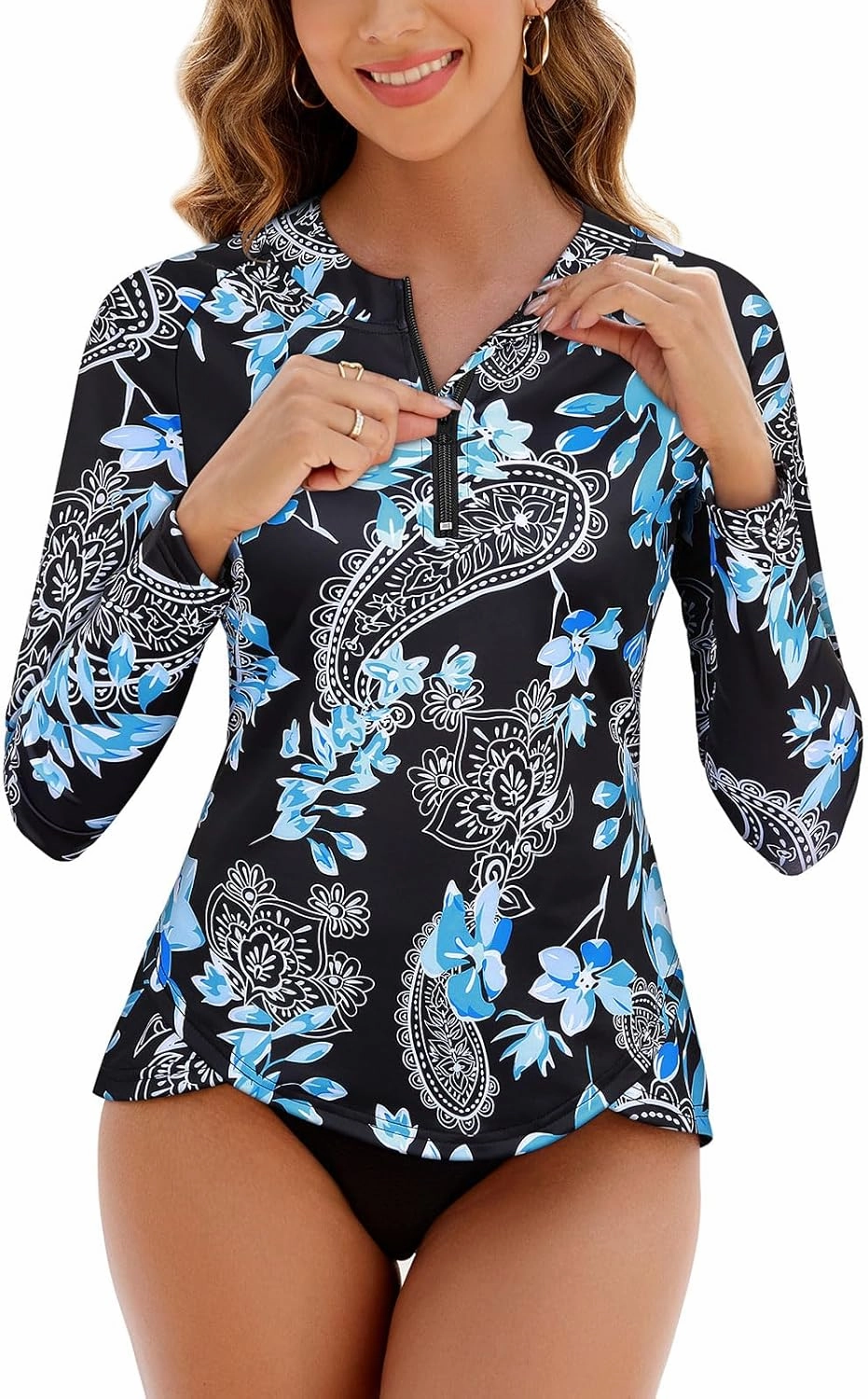 Cucuchy Style Womens 1/4 Zip Up Rash Guard for Women Long Sleeve Swim Shirts UV Sun Protection Swimsuit S-2XL