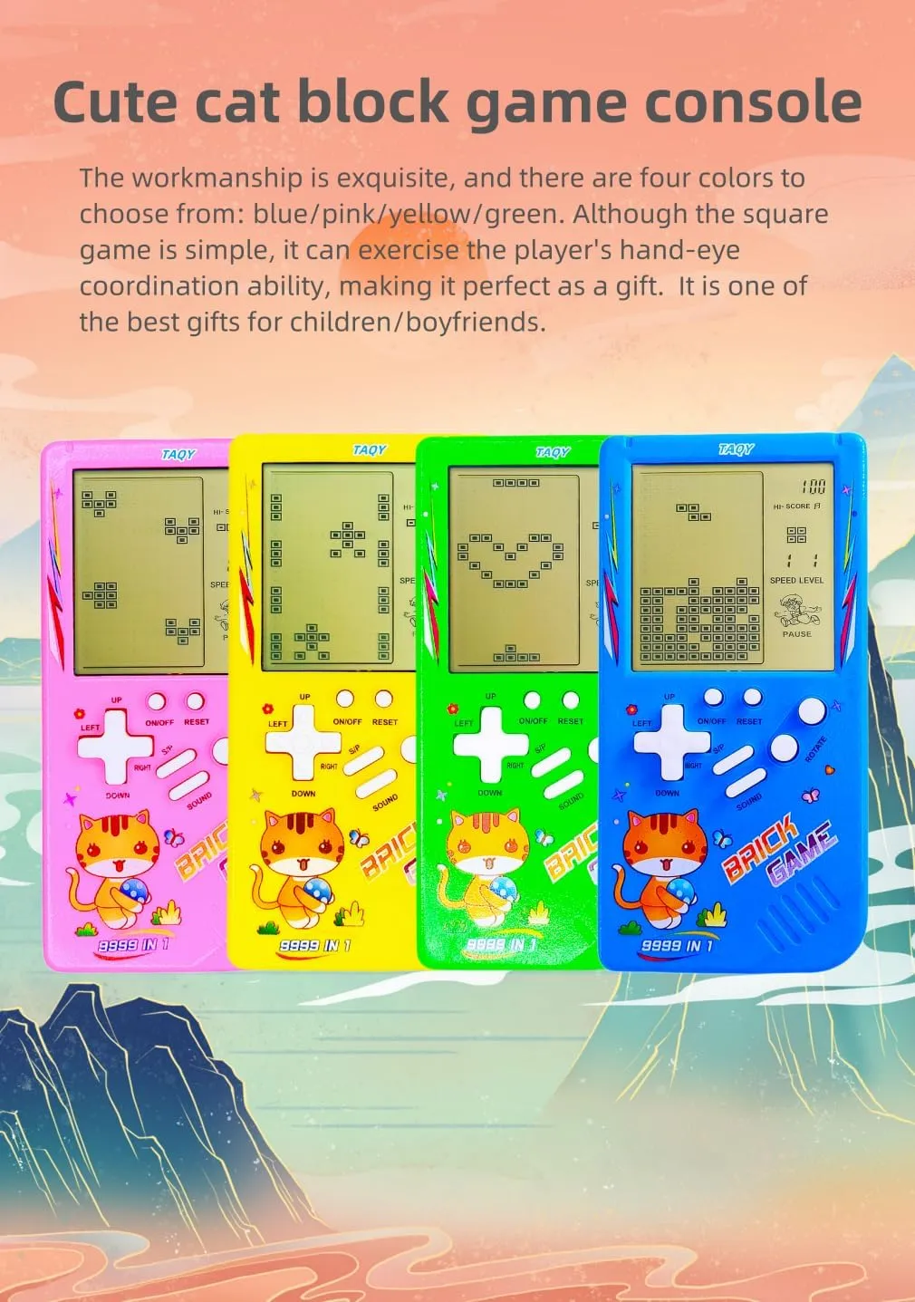 Cute Cat Pattern Block Game Console 23 Brick Games Racing/Tank Battle Retro Mini Game Machine Children's Game Console 70/80/90's Nostalgic Gifts Puzzle Toy Handheld Portable Game Device (Green)