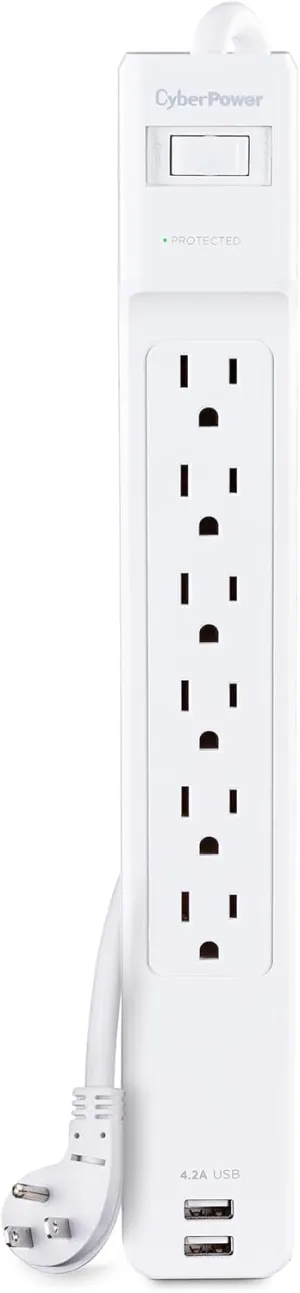 CyberPower CSP606U42A Professional Surge Protector, 900J/125V, 6 Outlets, 2 USB Charge Ports, 6ft Power Cord, White