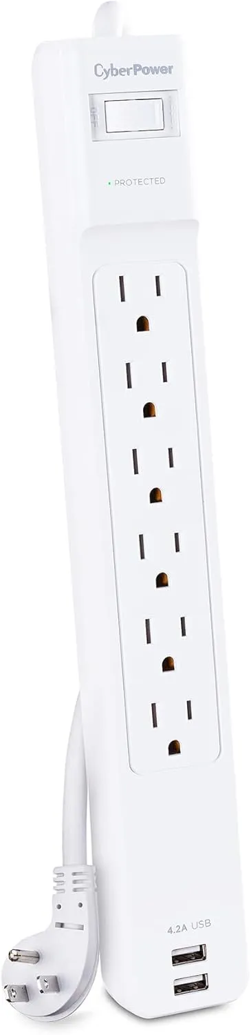 CyberPower CSP606U42A Professional Surge Protector, 900J/125V, 6 Outlets, 2 USB Charge Ports, 6ft Power Cord, White