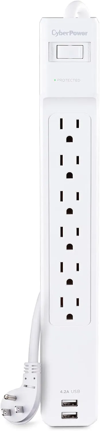 CyberPower CSP606U42A Professional Surge Protector, 900J/125V, 6 Outlets, 2 USB Charge Ports, 6ft Power Cord, White