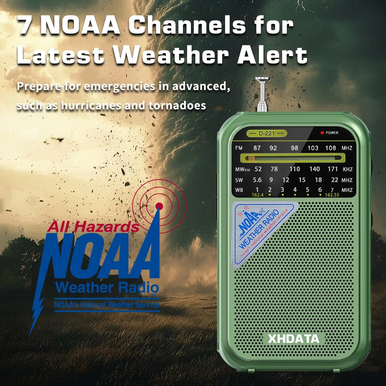 D221 NOAA Weather Radio Portable AM FM Shortwave Radio Receiver, 2 AA Battery Operated, Transistor Radio with Excellent Reception for Emergency, Hurricane, Gift, Walking and Home (Green)
