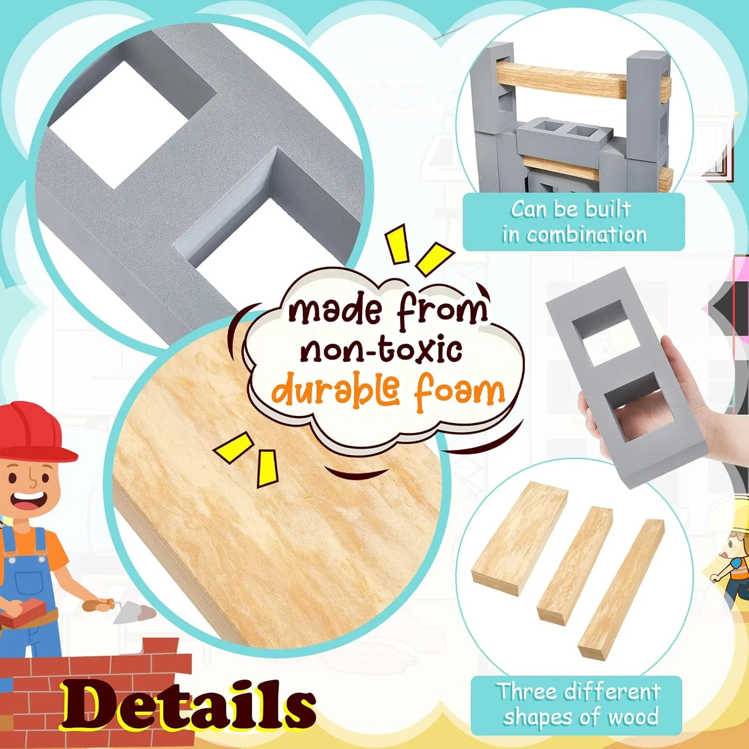 Deekin 25 Pcs Foam Brick Building Blocks and 12 Pcs Wooden Beam Foam Thick Cinder Blocks Large Fake Brick Builders Set for Construction and Stacking(Gray)