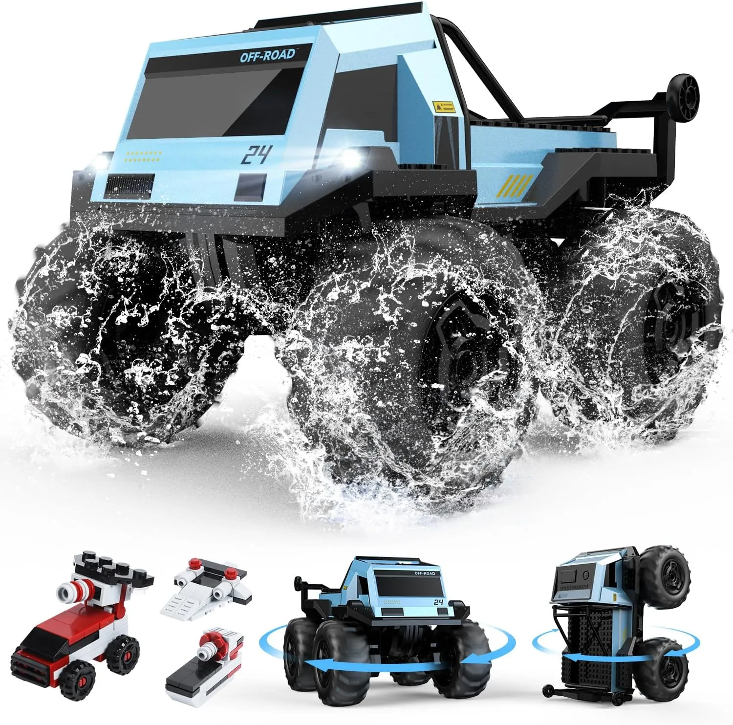 DEERC Amphibious Remote Control Car Monster Truck Toys Waterproof RC Stunt Cars for Boys 8-12 Toys W/Blocks & 360°Spin, 4WD All-Terrain Off-Road Pickup RC Truck 2.4Ghz 60  Min Playtime Pool Toy Gift